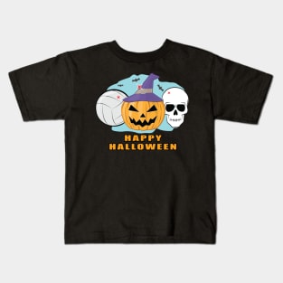 Happy Volleyball Halloween - Spooky Skull and Pumpkin Kids T-Shirt